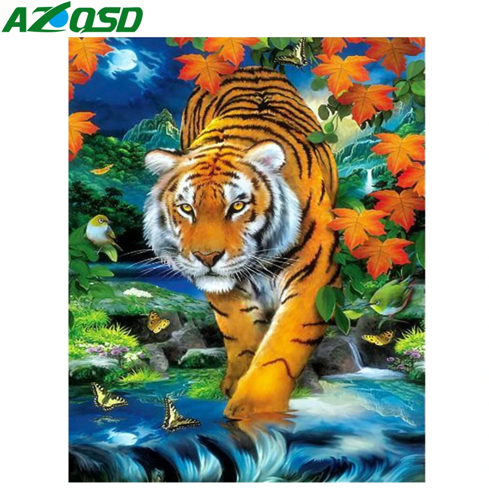 

AZQSD Full Square Diamond Mosaic Animal Tiger Needlework Handicrafts Diamond Painting Embroidery Handmade Living Room Decor