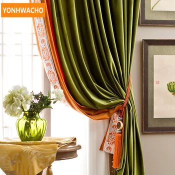 

Custom curtains American fresh country grass green flannel splicing living room velvet cloth blackout curtain tulle drape B065