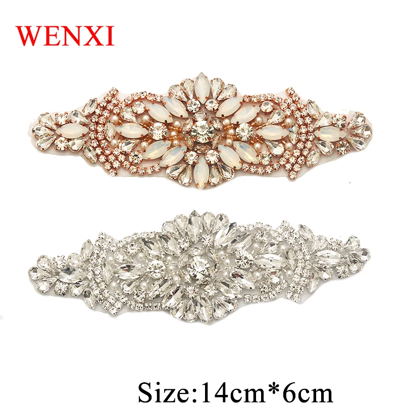 

WENXI 1PCS Handmade Protein Beads Clear Rose Gold Crystal Rhinestones Applique For Wedding Dress Waistband Accessory WX856