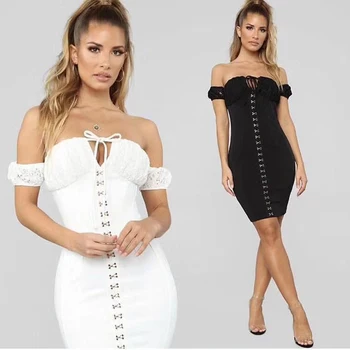 

2019 Newest Fashion Chic Solid White Black Bandage Short Sleeve Lace Sexy Off The Shoulder Summer Bodycon Party Dress Vestidos