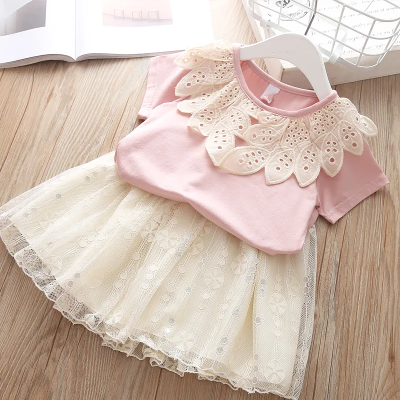 

Girls Summer Clothes Set Cotton T-Shirt Kids Mesh Skirt For Girls Party Outwear Baby Girl Tutu Skirt Suit Two Pieces Set