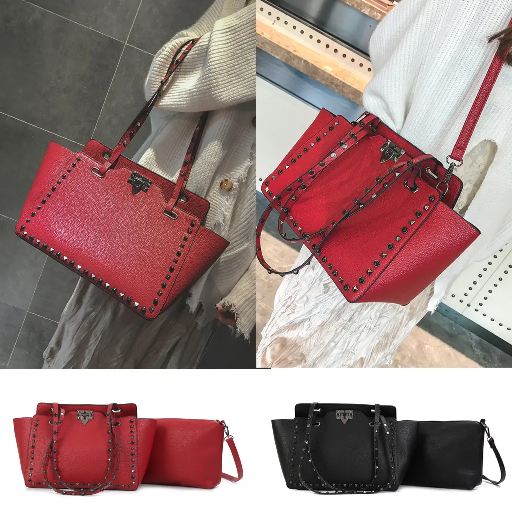 

Handbags PU Shoulder Bag 2Pcs Fashion Retro Women Crossbody Bags Leather Handle Bag Rivet Shoulder Bags сумка женская#63