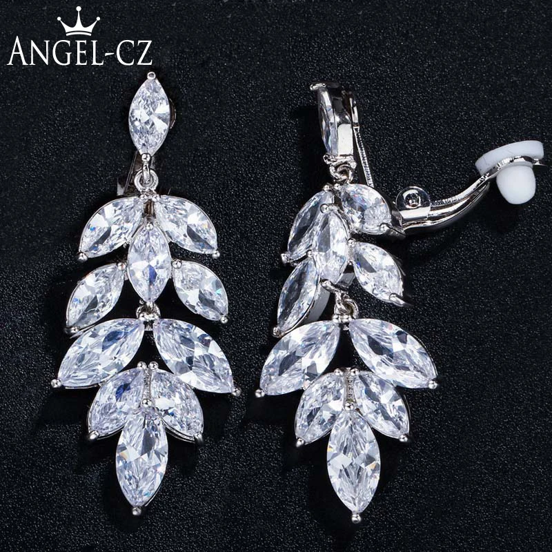 

ANGELCZ Designer Cubic Zirconia Long Dangle Non Pierced Japanese Ear Clips Jewelry No Hole Wedding Clip Earrings For Bride AE218
