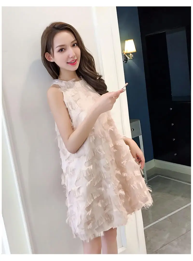 2018 Summer Fashion Korean Style Elegant Back Bow Ribbons Feathery Tassels  vest  Dress  Easy  A-Line  skirt