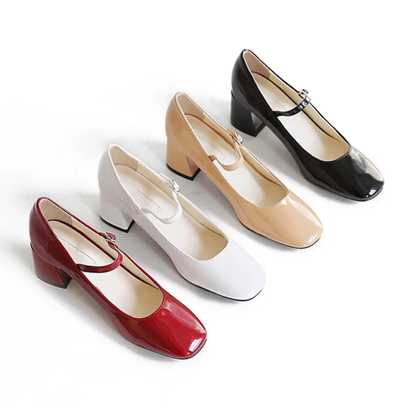

Shoes single layer leather cloth women spring thick red retro Mary Jane shoes red Joker womens high heels Yasilaiya Shallow