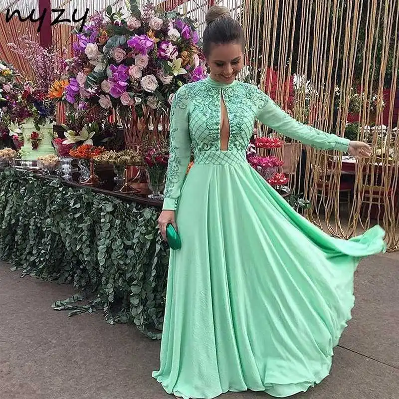 NYZY E17, сексуальные роскошные длинные платья, вечернее платье с кристаллами, мятный шифон, открытый бюст, высокий ворот, длинные рукава, официальное платье для вечеринки, выпускного вечера - Цвет: mint green