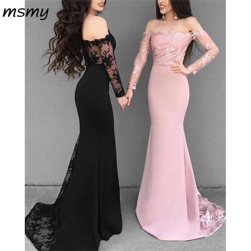 2019 Prom Dresses Off Shoulder Mermaid Evening Gowns Long Sleeves 159