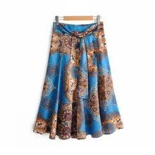 Цепи печати женщин плиссированные юбки с поясом весна-лето женщин с высокой талией Миди юбка женская Boho jupe женские юбки Mujer