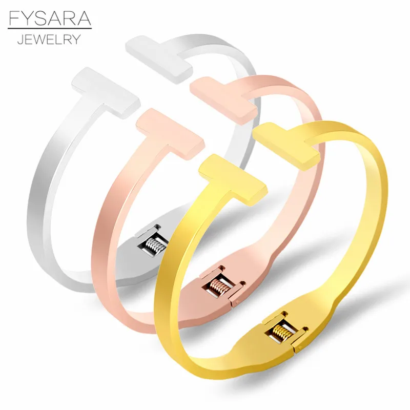 

FYSARA Luxury Jewelry Letter T Cuff Bracelets Bangles Rose Gold Color Stainless Steel Bracelets For Women Men