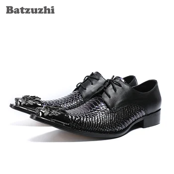 

Batzuzhi Luxury Men Dress Shoes Black Genuine Leather Men Shoes Iron Pointed Toe Fish Scales Leather Business Shoes Sepatu Pria