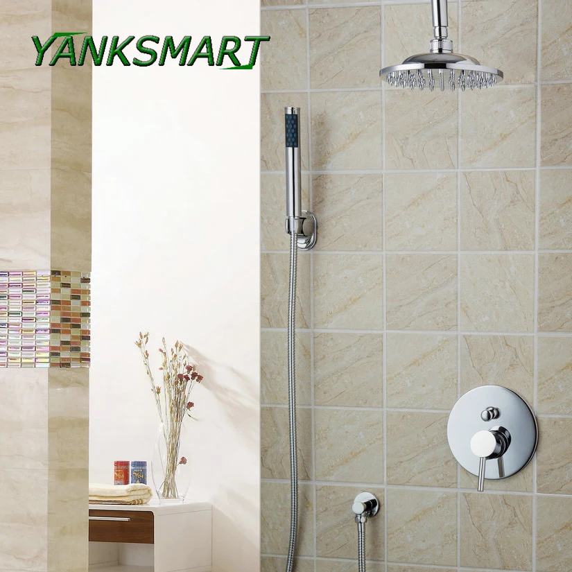 

YANKSMART Celing mount Round 8" ABS Rainfall Shower Head Bathroom Torneira Bathtub Chrome Faucets Mixer Taps Shower Set