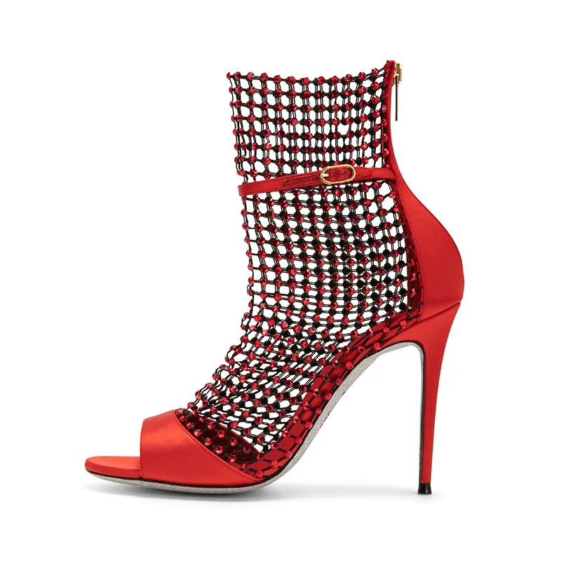 Luchfive/сетчатые сандалии с открытым носком, украшенные кристаллами и бусинами; женская шелковая обувь на высоком каблуке 10 см; Летняя обувь; женская обувь; zapatillas mujer; Цвет Красный;