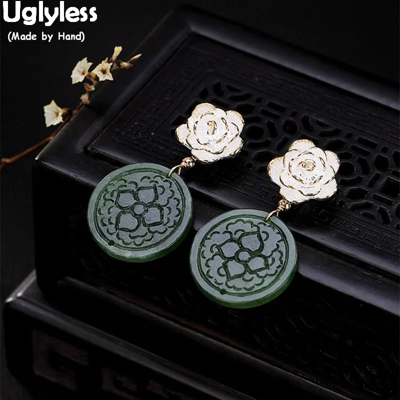 

Uglyless New Arrived Vintage Flowers Earrings Solid 925 Silver Floral Earrings Handmade Carved Jasper Medal Jewelry Green Jade