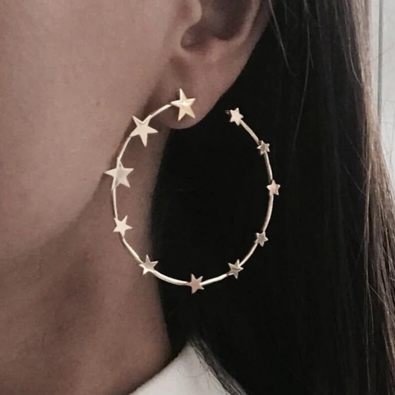 

European And American Temperament Star Five-pointed Star Personality Exaggerated Ring Three-dimensional Large Circle Earrings