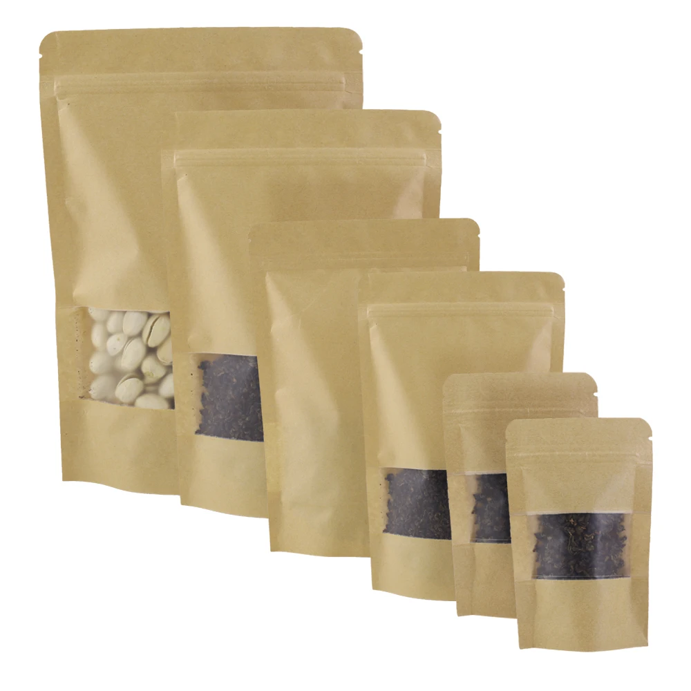 100 шт./лот 12x20 см стоьте вверх Resealable бумажный упаковочный мешок изогнутый угол коричневый пакет из крафт-бумаги ziplock для еды закуска к чаю