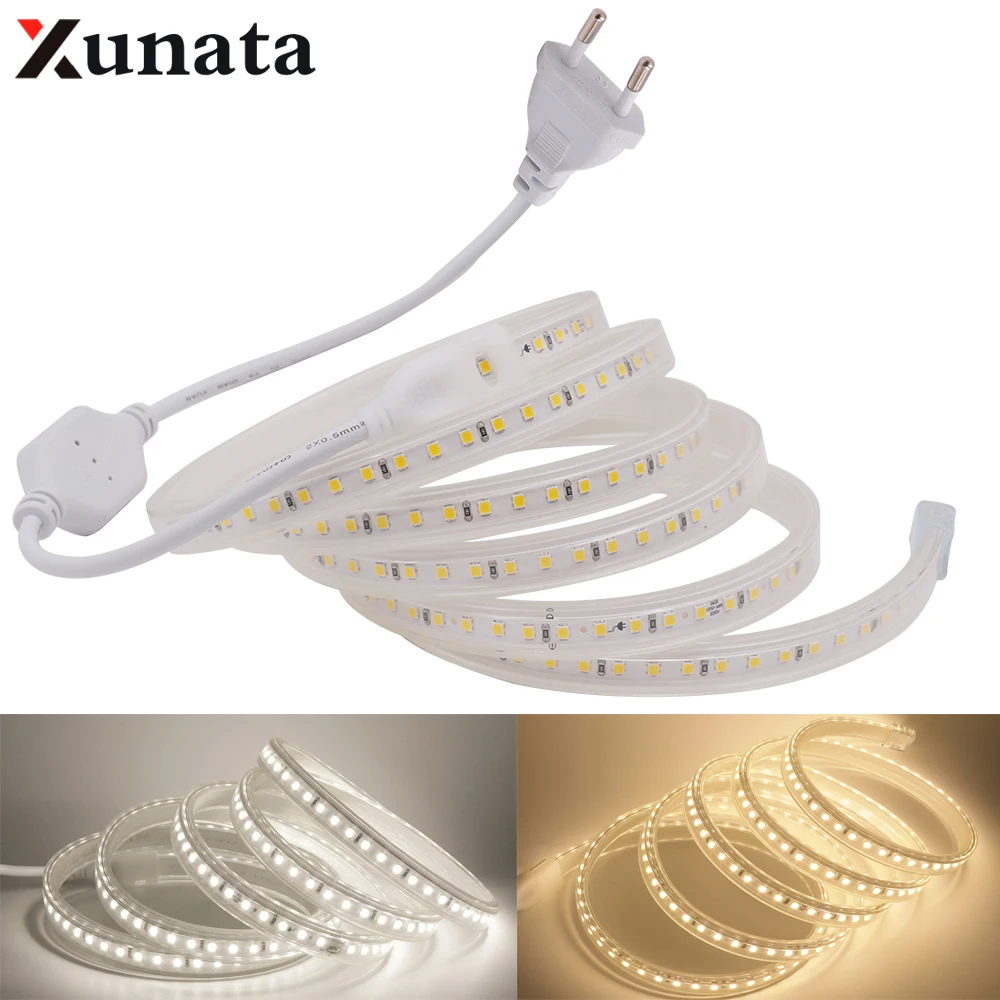 #Best 220V LED Strip 2835 Waterproof Flexible Ribbon Tape 120Leds m Strip Rope Light Home Outdoor Decoration With 10MM 2Pin EU Plug