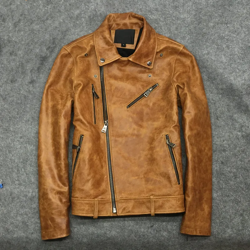 

2020 Genuine Cow Leather Jacket Men Vintage Plus Size Coat Wax Cowhide Yellow Mens Leather Jackets chaqueta cuero hombre KJ2276