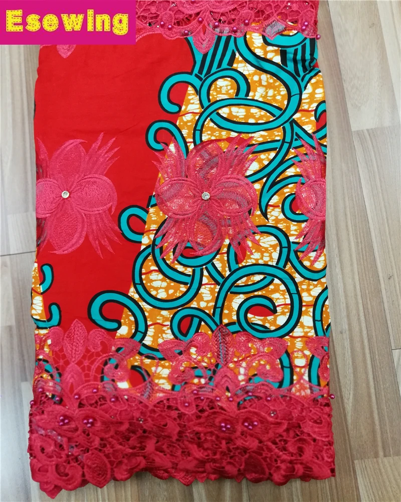 

Esewing Red Color Beautiful Embroidered African Ankara Wax Lace Fabric With Guipure Cord Lace Border For Making Party Dress