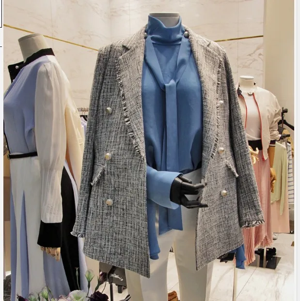

2018 New Spring and Autumn Women's Retro Tassel Long Sleeve Suit Jacket Female Casual Double Breasted Blazer Coat Outwears