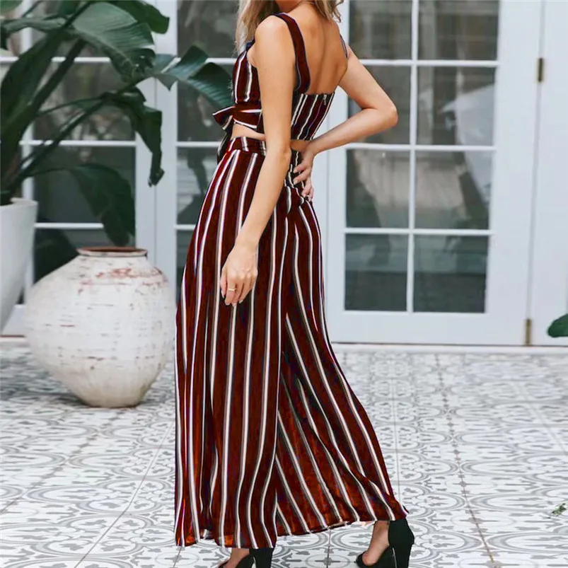 Women Summer Stripe Sleeveless Vest Shirt Tops Blouse Shorts Pants 2PCS Set Summer Cool Long Dress Suit Set H28 (4)