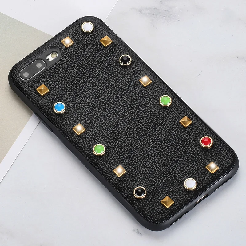 

Wangcangli Genuine Leather Phone Case For iPhone 7P Litchi Texture rivet Back Cover For iPhone 6 6S 7 8 Plus SE 5 5S Phone Shell