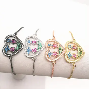 

10pcs/lot Paved Colored Cubic Zirconia Heart Boy and Girl Link Chain Bracelet Adjustable Rainbow Jewelry