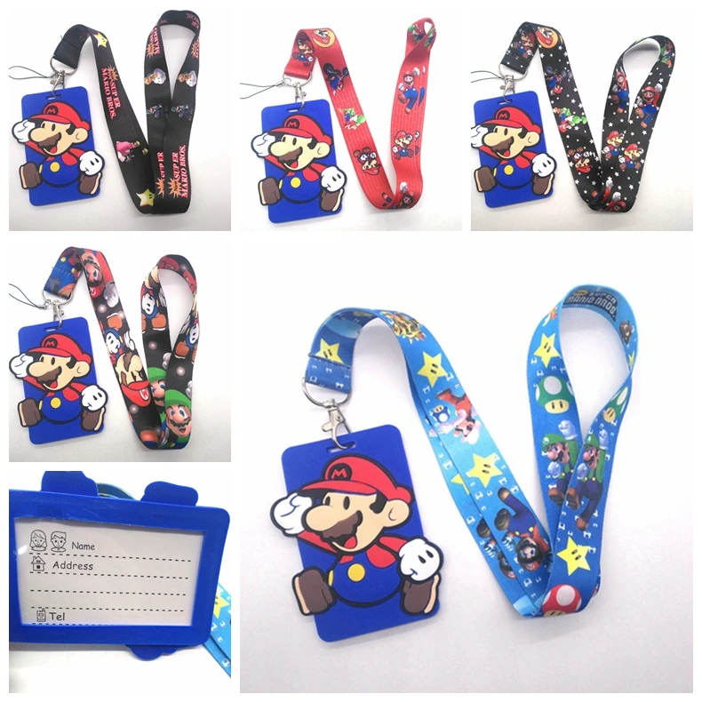 

5 Pcs Cartoon Super mario Lanyard Key Chains Card Holders Bank Card Neck Strap Card Bus ID Holders