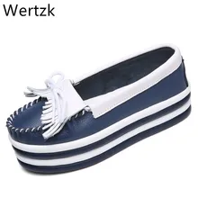 Wertzk/Коллекция года; сезон весна; Высококачественная женская обувь на плоской подошве; обувь на платформе с кисточками; слипоны с круглым носком; черные брендовые лоферы с перфорацией типа «броги»; J023