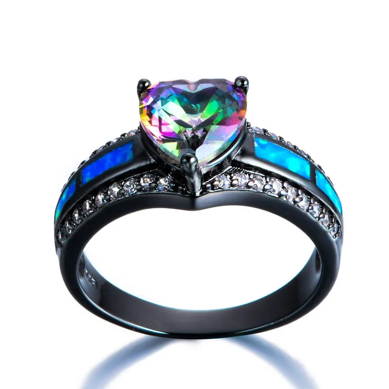 rainbow blue Женское и мужское кольцо с голубым огненным опалом, покрытое черным золотом, обручальные кольца AAA с цирконием для женщин и мужчин, размер 5-11 - Цвет основного камня: rainbow blue