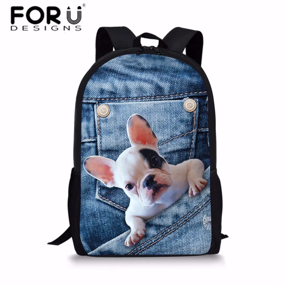 

FORUDESIGNS Children School Bags Denim Animal Printing School Backpack French Bulldog Shoulder Bags for Girls Boys Book Bag