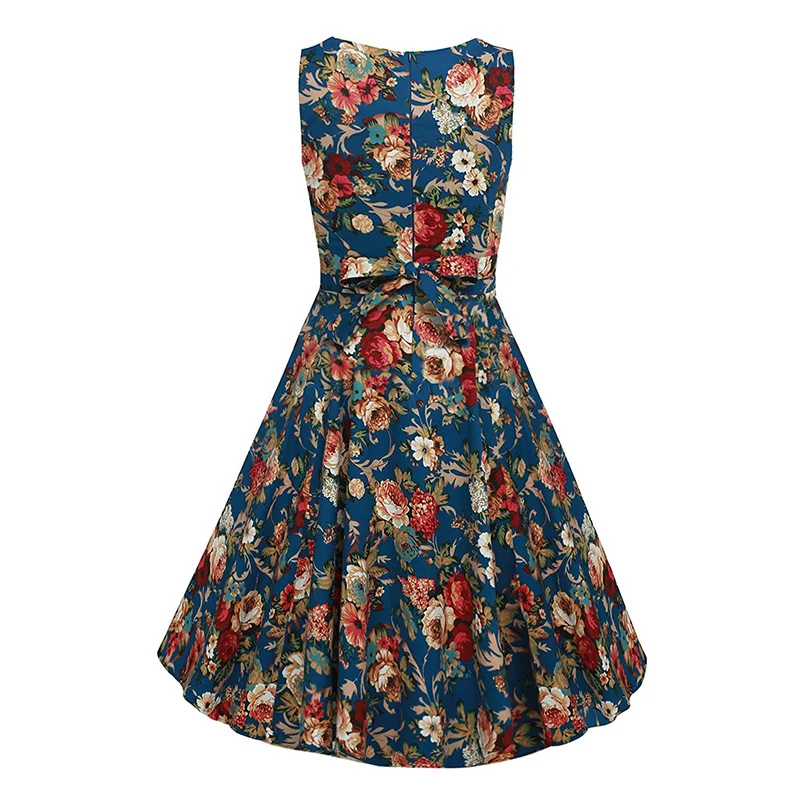 Kostlish Cotton Summer Dress Women 2017 Sleeveless Tunic 50s Vintage Dress Belt Elegant Print Rockabilly Party Dresses Sundress (31)