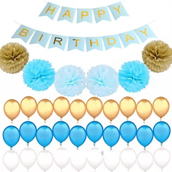 

HAPPY Birthday Bunting Flag Banner Garland Tissue Paper Flower PomPoms with latex Balloons for baby shower boy birthday decor