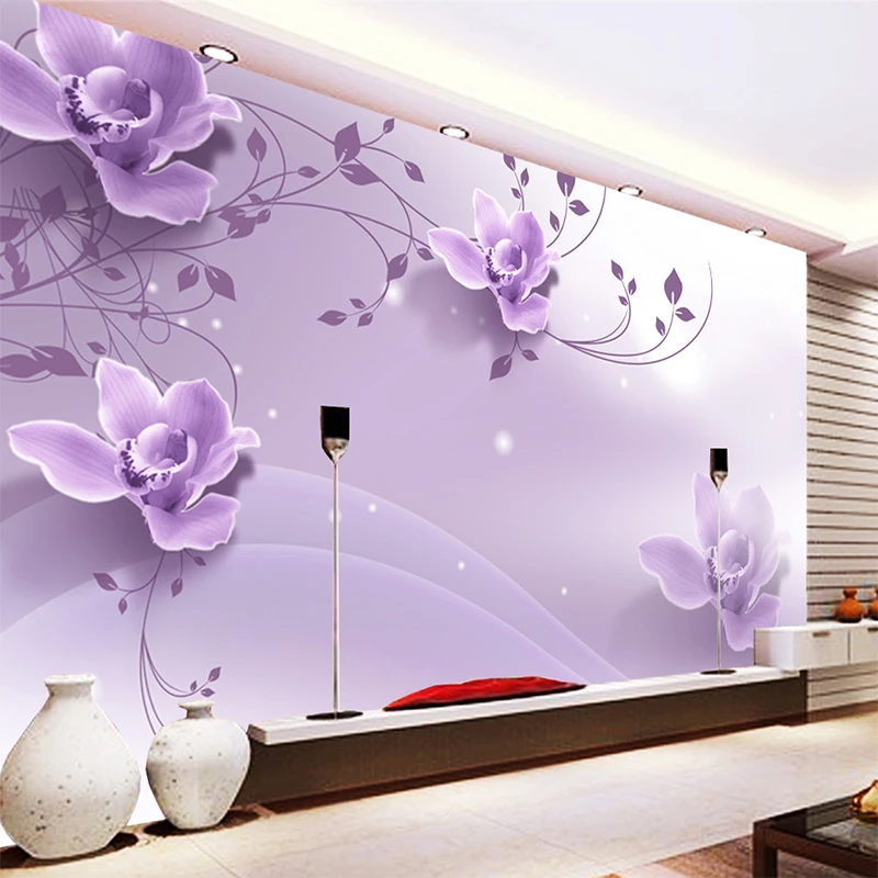 Пользовательские 3D Романтические элегантные фиолетовые цветы обои для 3D гостиной ТВ фон стены 3D настенная живопись Домашний декор настенная ткань