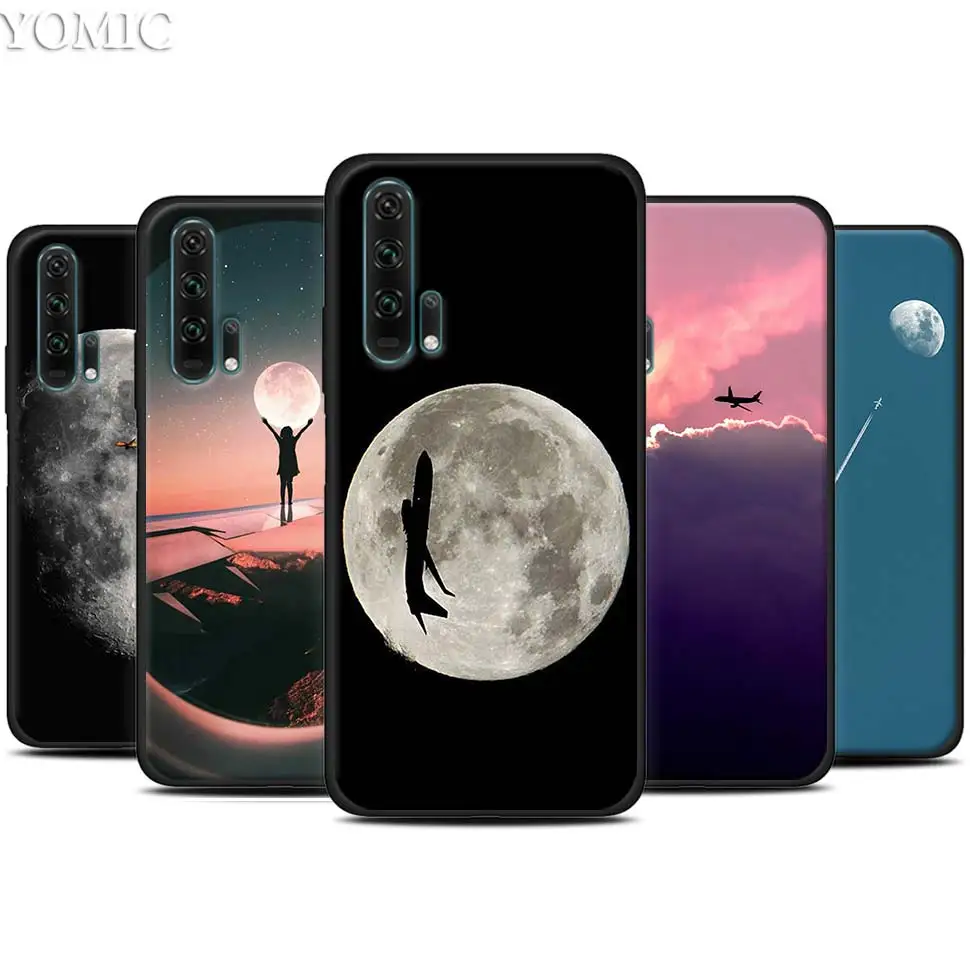 

Black and white airplane moon Black Silicone Case for Huawei Honor 20 Pro 10 20 Lite 20i V20 8X 8C 8A 8S Play Enjoy 9e 9s Case
