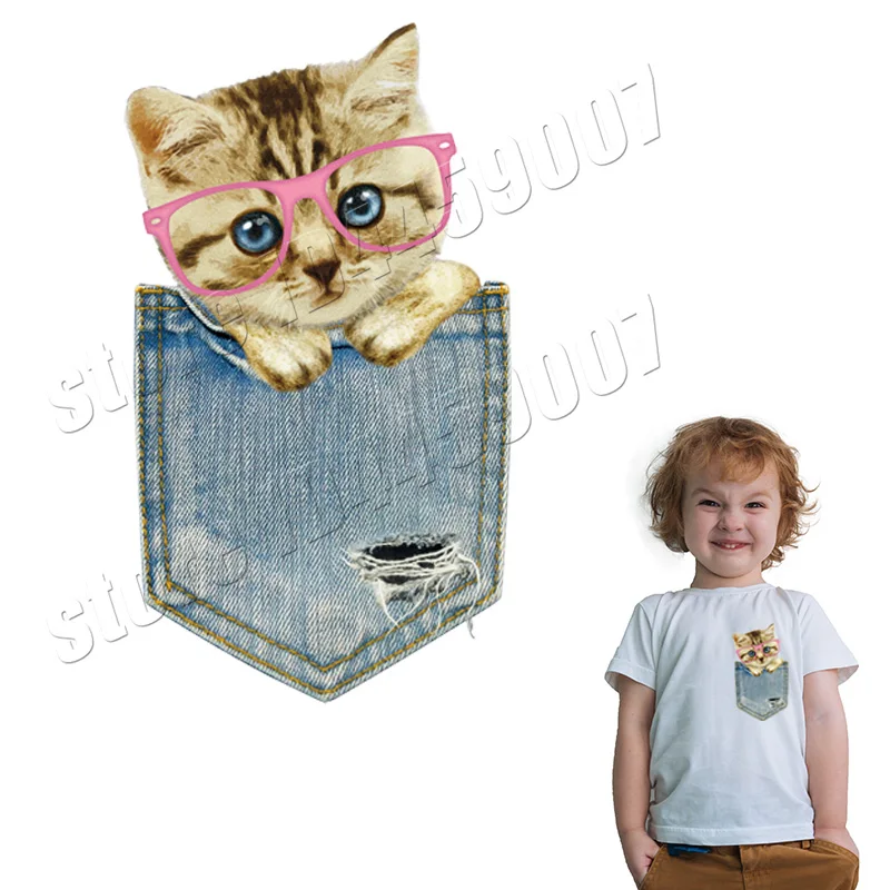 

Cat Stickers Fashion Pockets Style Design Heat Transfer Patches DIY Sweet Washable 3D Iron On Parches For Jeans