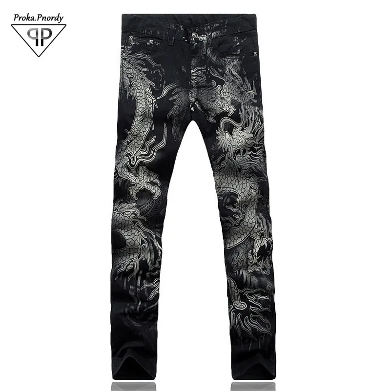 Proka Pnordy Men's Fashion Retro 3D Dragon Print Jeans Male Colored