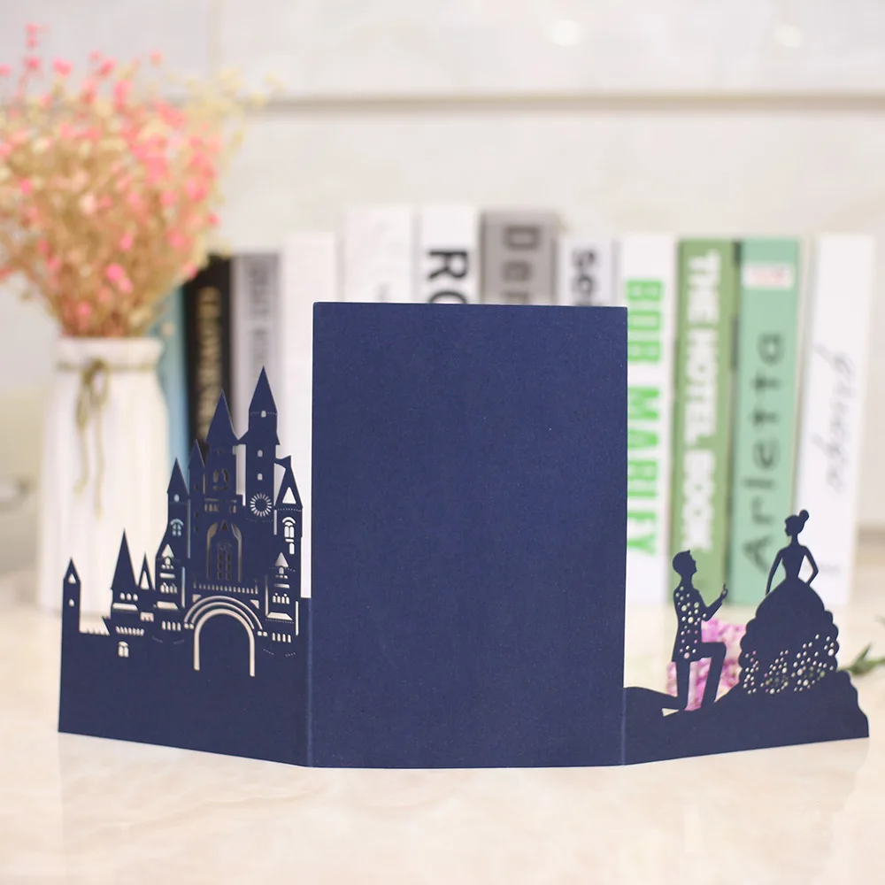 

free drop shipping 1pcs Burgundy hollow Laser Cut Tri-fold White Castle couple pocket fold Wedding Invitation Card pocket Invite