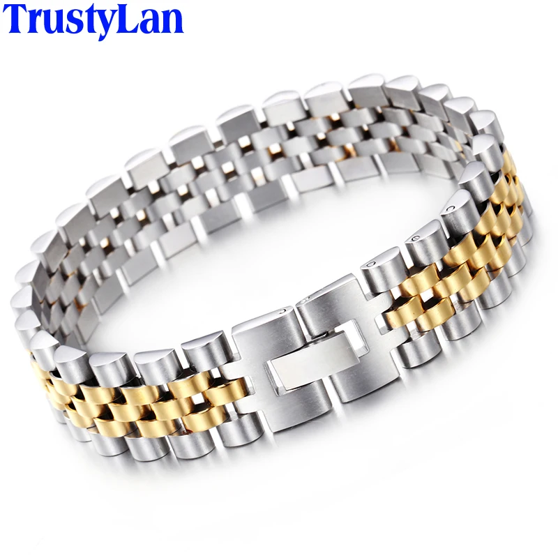 TrustyLan 15 мм широкий браслет цепи для мужчин ремешок для часов стиль регулируемый s браслеты никогда не выцветает золотой цвет ювелирные изделия нарукавник
