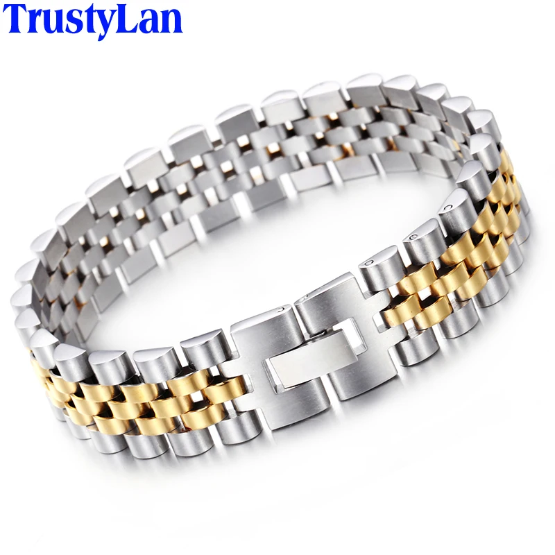 

TrustyLan 15MM Wide Chain Bracelet Men Watchband Style Adjustable Mens Bracelets Never Fade Gold Color Jewelry Jewellery Armband