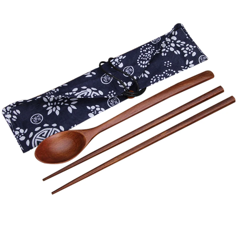 

Outdoor Tableware Wooden Spoon and Chopsticks Set with Cloth Bag Long Handle Teaspoon Tableware Tool Wood