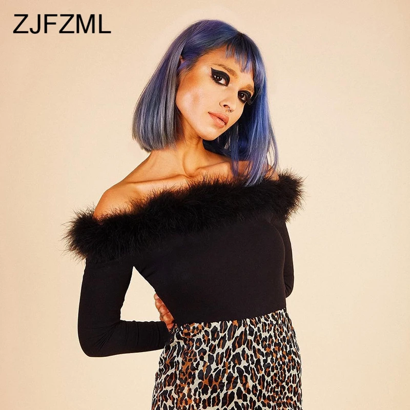 Autumn Off Shoulder Skinny Sexy Bodysuit 2018 Winter Long Sleeve Fluffy Rabbit Fur Patchwork Romper Women Black Causal Bodysuit