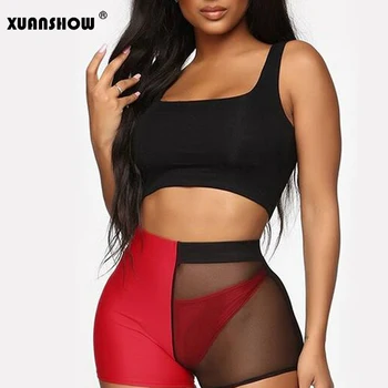 

XUANSHOW Summer Clothes 2019 Sexy Mesh Patchwork Perspective Women's Shorts Neon Fluorescent Club Hot Shorts Spodenki Damskie