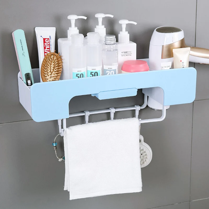 

Plastic Bathroom Kitchen Storage Rack Self Adhesive Wall Storage Shelf Rack Bathroom Sundries Holder 3 Colors