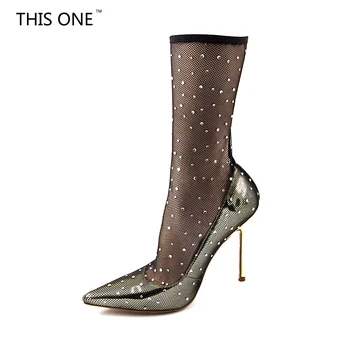 

New Women Brand Shoes Air Mesh Genuine Leather Thin High Heels Pointed Toe Rhinestone decoration Woman Casual Summer Boots
