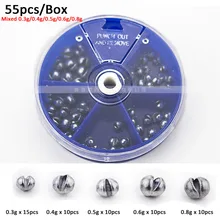55 шт./лот Карп рыболовные грузила Открытый зажим контакта коробка со свинцовыми шариками комплект не повредит леску смешанные 0,3 г/0,4 г/0,5 г/0,6 г/0,8 г/г