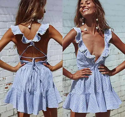 Сексуальное женское летнее мини-платье в полоску Boho повседневный пляжный