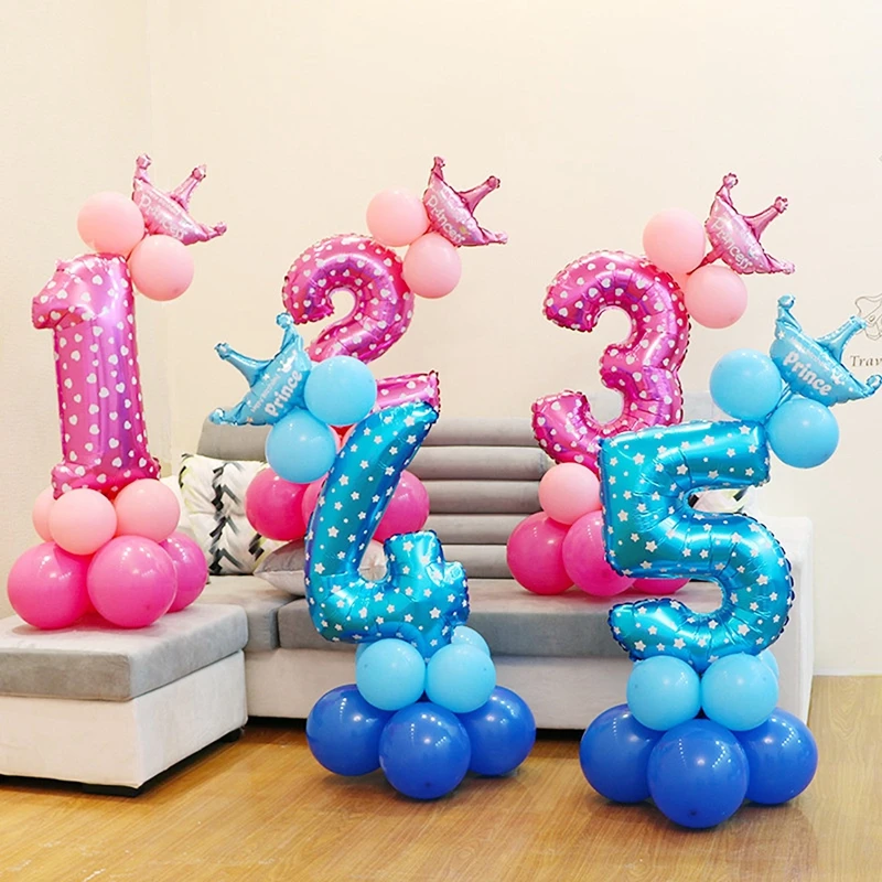1 комплект, синий, розовый шар из фольги с цифрами, латексный воздушный шар, корона, украшение для дня рождения, для детей, для мальчиков и девочек 1, 2, 3, 4, 5, 6, 7, 8, 9, шар