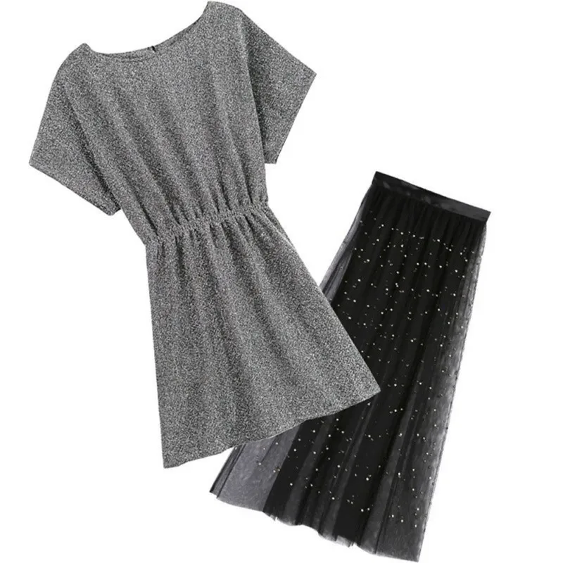 Женские летние милые топы с коротким рукавом, сексуальные топы, тонкая Звездная длинная футболка+ юбка в сеточку средней длины, костюм из 2 предметов