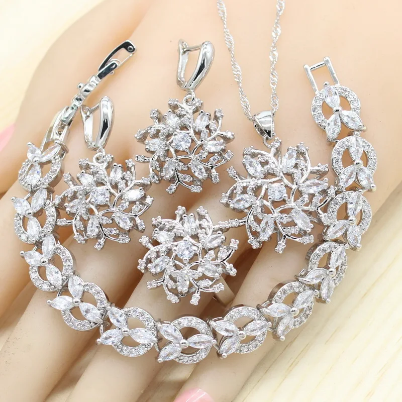 

White Red Zircon 925 Silver Jewelry Sets Women Wedding Party Bracelet Earrings Rings Necklace Pendant Gift Jewelry Box