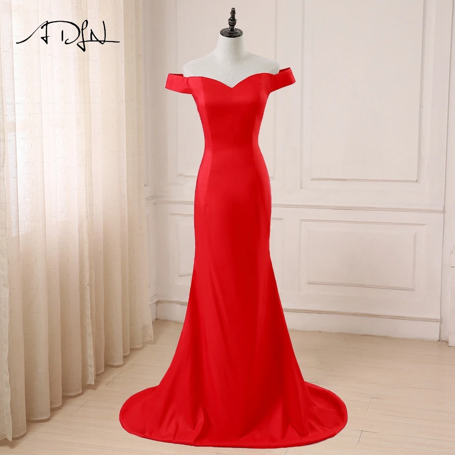 

ADLN Cheap Red Evening Dress Off the Shoulder Sleeveless Simple Mermaid Evening Gowns Sweep Train Robes De Soiree